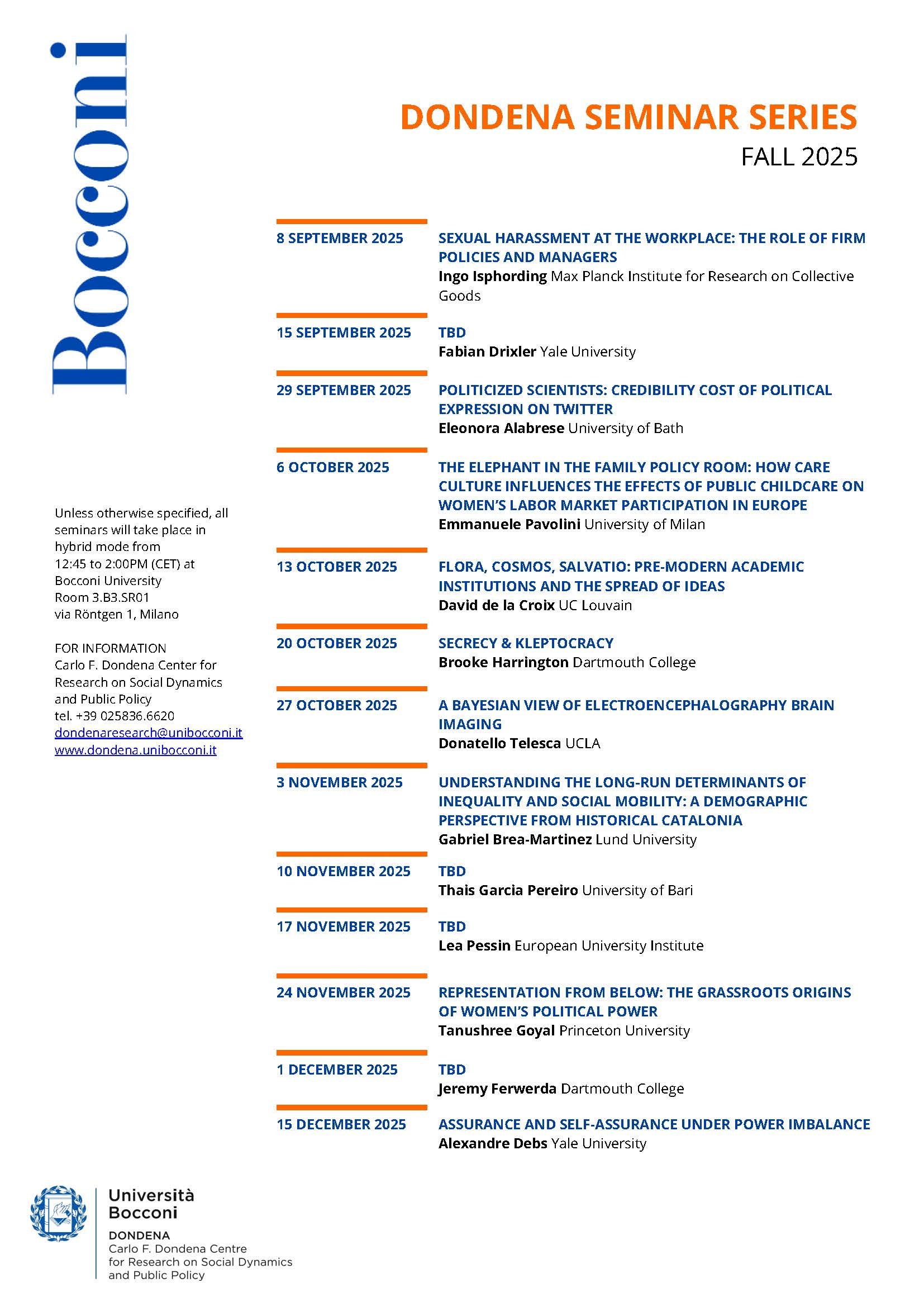 calendar seminari DONDENA FALL 2025