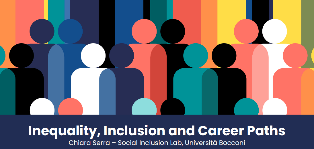 persone stilizzate di diversi colori e scritta inequality, inclusion and career paths